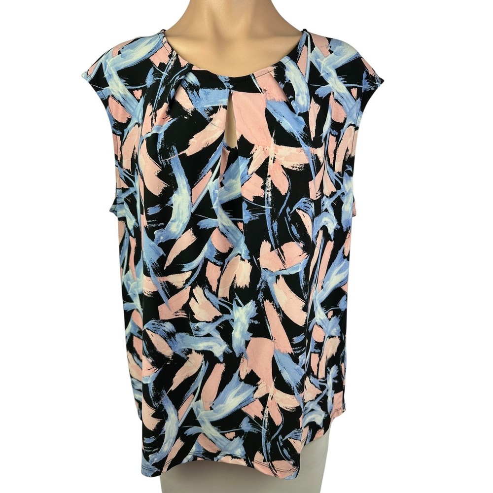 Kasper Size XL Pullover Blouse Black Blue Pink Abstract Sleeveless Poly/Elastane - Picture 1 of 5